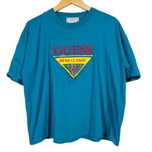 Vintage Guess Tee Short Sleeve Mens Classic Casual Crop Waist Teal Embroider XL
